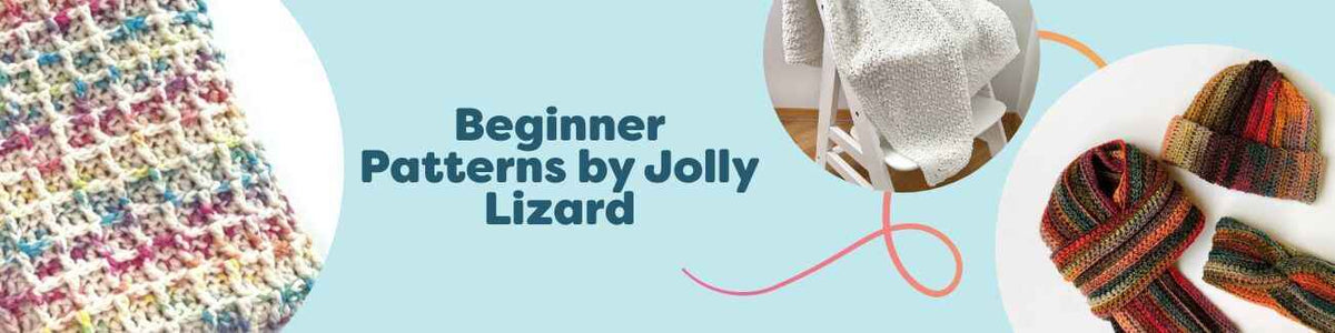 Beginner Jolly Lizard patterns at Hobbii—baby blankets, cardigan, scarf and beanie for new knitters and crocheters.