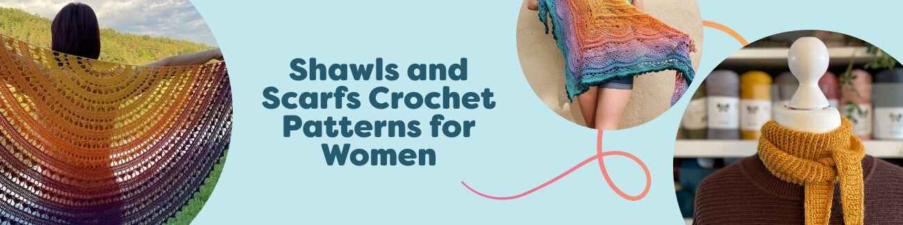 Assortment of women’s crochet shawl and scarf patterns from Hobbii, featuring triangle shawls, lacy wraps, and cozy scarves in various yarn colors.