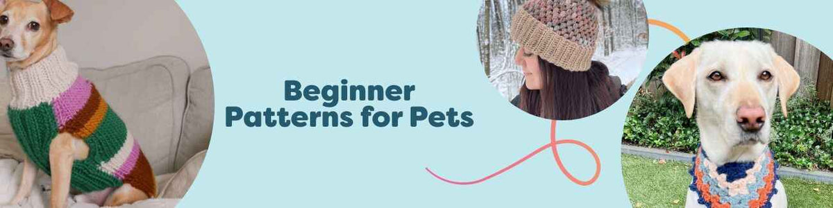 Beginner-friendly pet projects: dog sweater, snood, bandana, beanie and blanket in soft yarns, styled together from Hobbii.