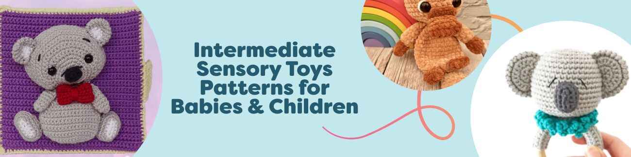 Assorted intermediate-level sensory toy crochet patterns for babies and children—quiet book, lovey, teether, and daisy rug—made with soft, colorful Hobbii yarns.