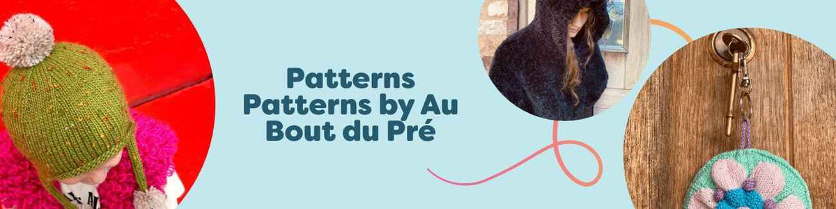 Collage of Au Bout du Pré patterns at Hobbii: triple pompom kids hat, hooded cat cape, bloom keyring, sunset hat, and Audrey tunic.