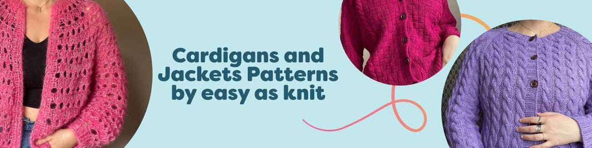 Models wearing Easy as Knit cardigans and jackets from Hobbii - light summer cardis, cozy cable knits, and a polo cardigan in soft yarns.