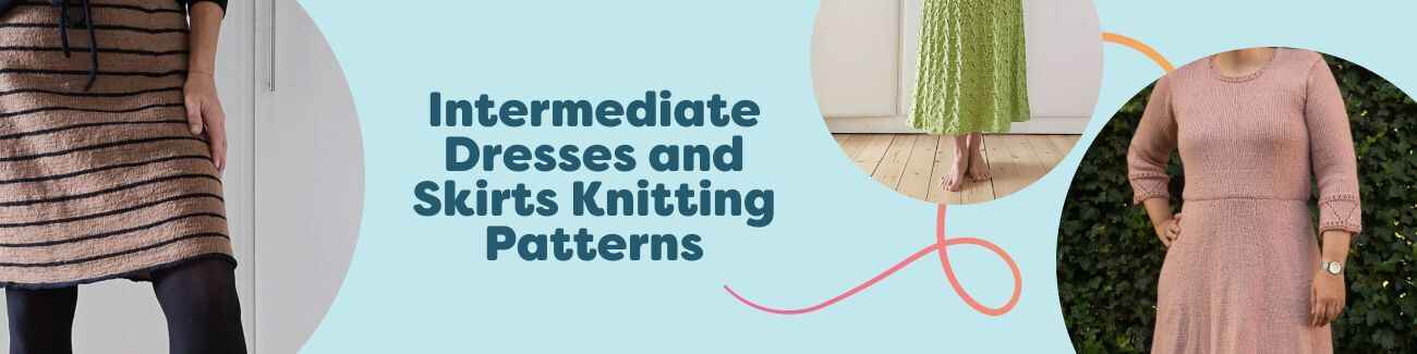 Models wearing intermediate-level knitted dresses and skirts in soft cotton and wool yarns, featuring stripes, texture, and clean silhouettes.