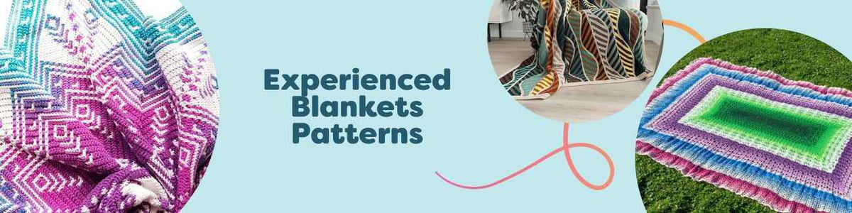 Experienced blanket patterns from Hobbii shown as finished crochet and knit blankets—mosaic, geometric, and baby blanket designs in coordinated colors.