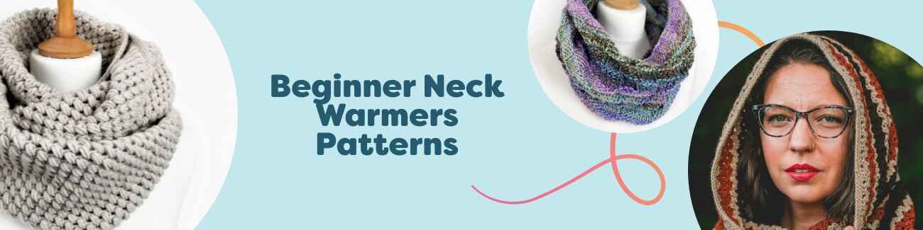Flat lay of knitted and crocheted cowls, snoods, and infinity scarves in soft yarns—beginner neck warmer patterns by Hobbii.