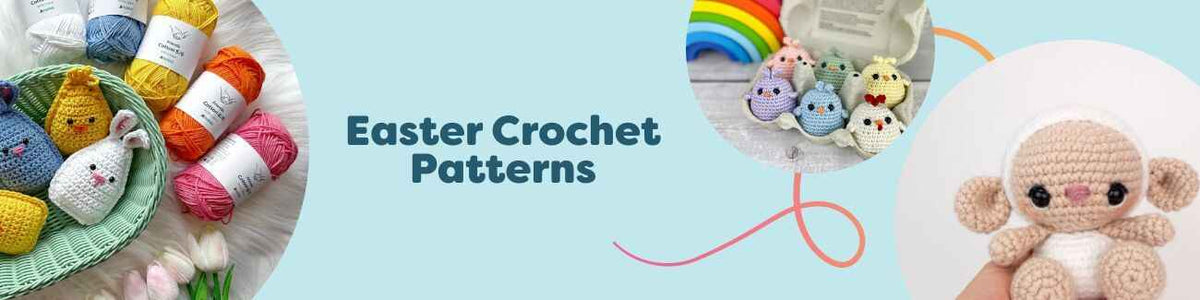 Crocheted Easter bunnies, chicks, a lamb, and pastel egg decorations on a spring table, made with soft Hobbii yarn.