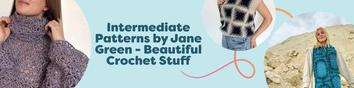 Grid of free intermediate crochet patterns by Jane Green for Hobbii: a textured sweater, sleek slipover, airy top, and cozy scarves in soft yarns.