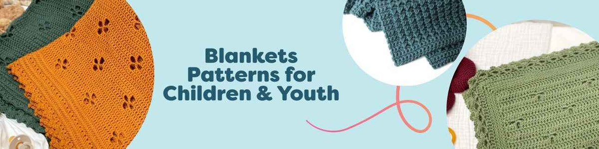 Assortment of kids and youth knit and crochet blanket patterns, including baby blankets and throws, styled with soft Hobbii yarns.