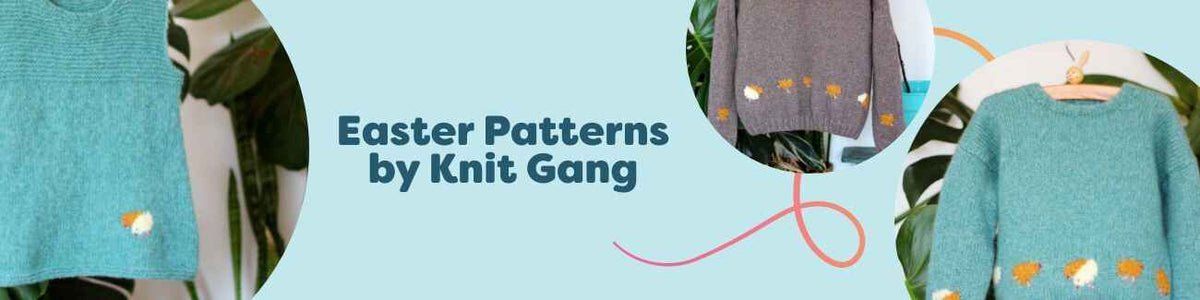 Hero image for Hobbii’s Easter Patterns by Knit Gang, featuring pastel Chicky-themed sweaters and a children’s dress with chick motifs, styled with soft spring yarns.
