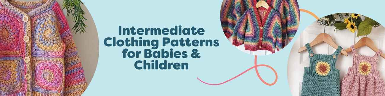 Collage of intermediate baby and kids clothing patterns—cardigans, hoodies, dresses, beanies—knit and crochet samples in soft pastel Hobbii yarns.