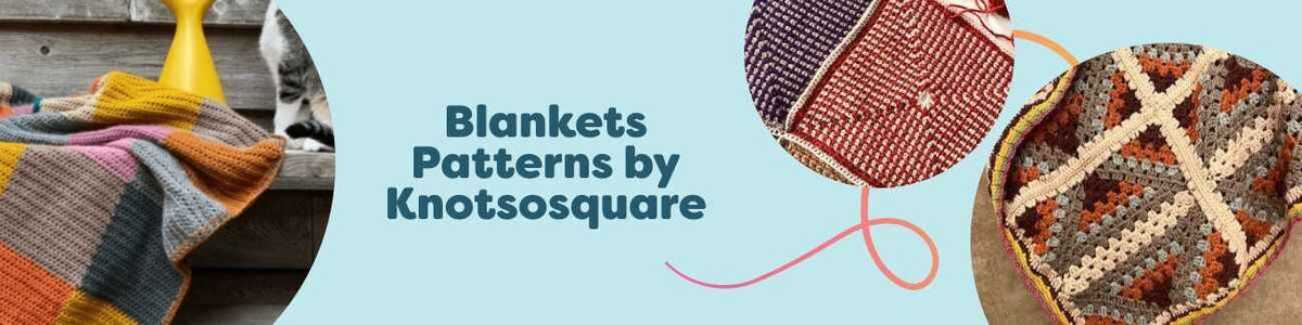 Stack of colorful, modern crochet blankets and throws by Knotsosquare, neatly folded on a sofa; ideal for intermediate crocheters.