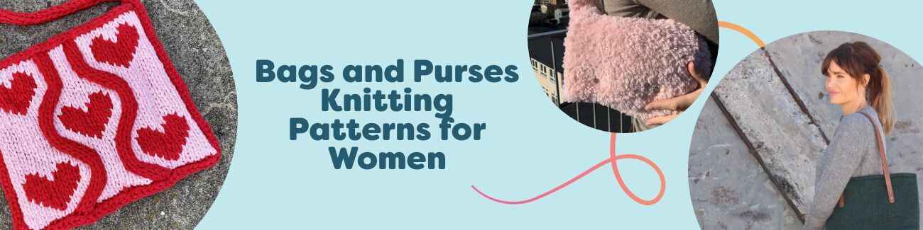Free knitted bags and purses for women on Hobbii—totes, clutches, and felted styles like Twisted Love and Phoebe, shown with coordinating yarn.