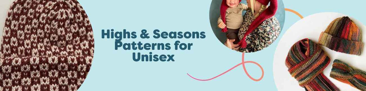 Assorted unisex seasonal knit and crochet accessories—beanies, scarves, snoods, and festive hats—made with Hobbii yarn, arranged on a neutral backdrop.