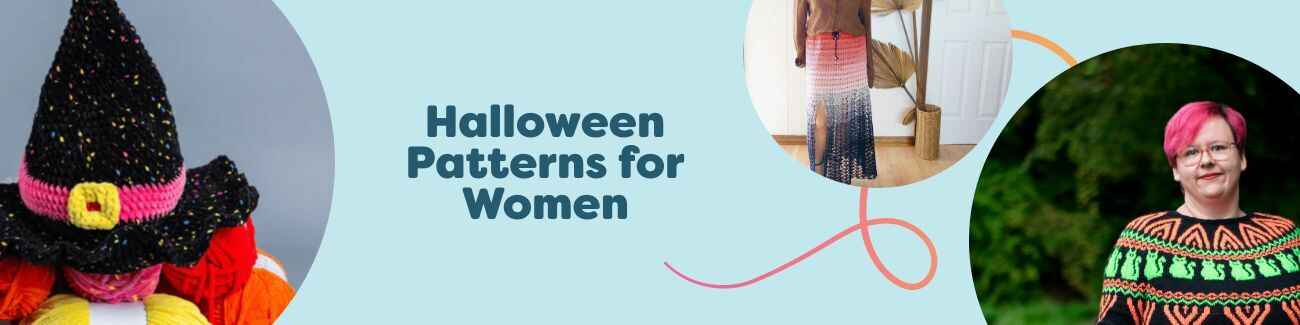 Halloween patterns for women: witch hat, black cat sweater, witches skirt and cardigan with Hobbii yarn in autumn colors.