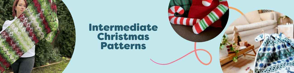 Assorted intermediate Christmas crochet patterns from Hobbii featuring a shawl, blanket, candy cane pillow, doily mandala, and festive placemat in red, green, and white yarn.