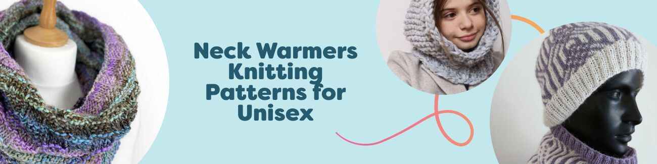 Collection image of unisex knit neck warmers—snoods, cowls, and hoods—made with Hobbii yarn in neutral winter tones on diverse models.