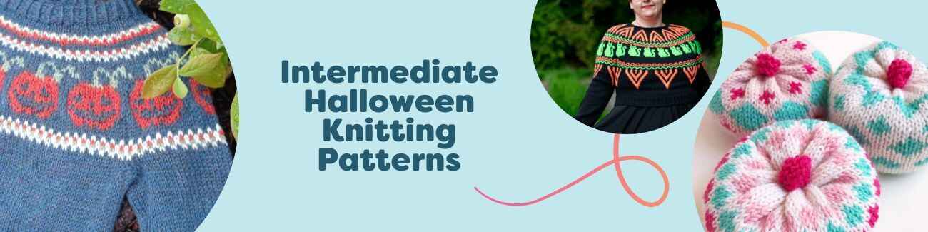 Collage of intermediate Halloween knitting patterns from Hobbii featuring pumpkin and black cat motifs on sweaters, cardigans, and hats in autumnal yarn tones.