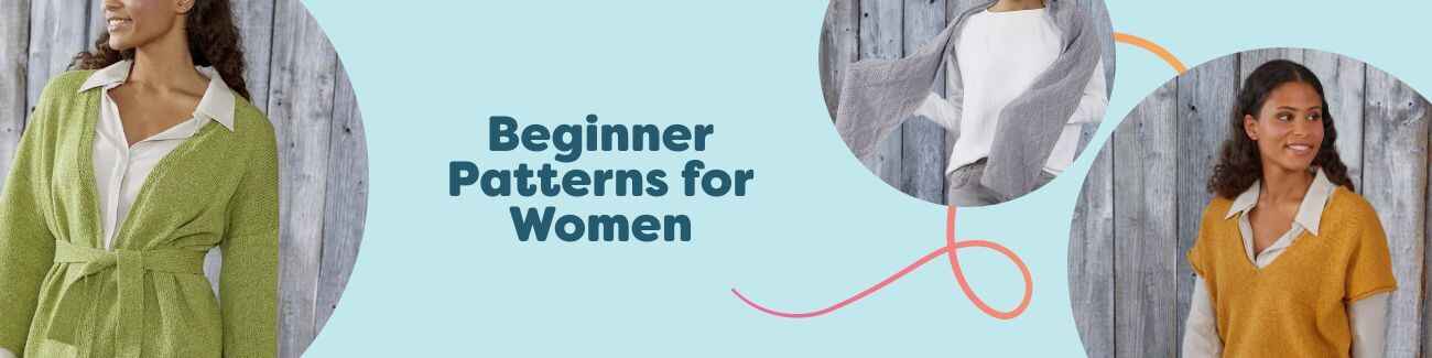 Collage of free beginner women's knit and crochet patterns: kimono cardigan, shawl, vest, sweater, and crochet top.