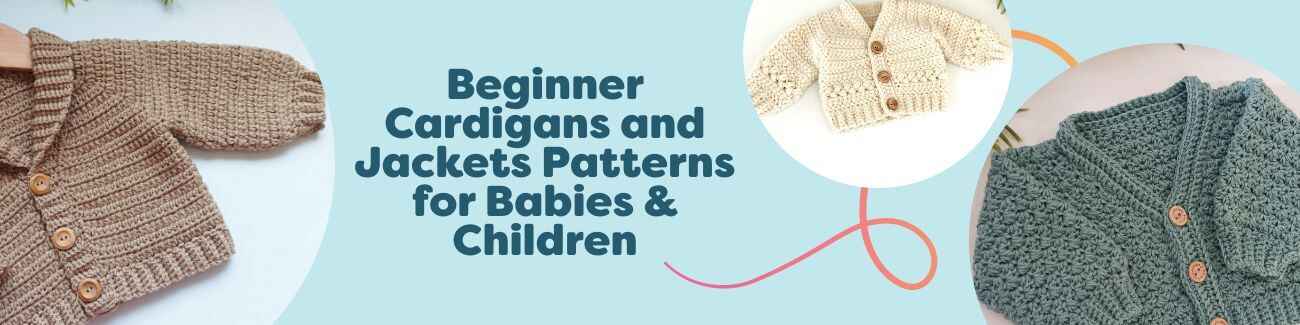 Beginner cardigan and jacket patterns for babies and children from Hobbii, shown on kids wearing soft knit and crochet layers.