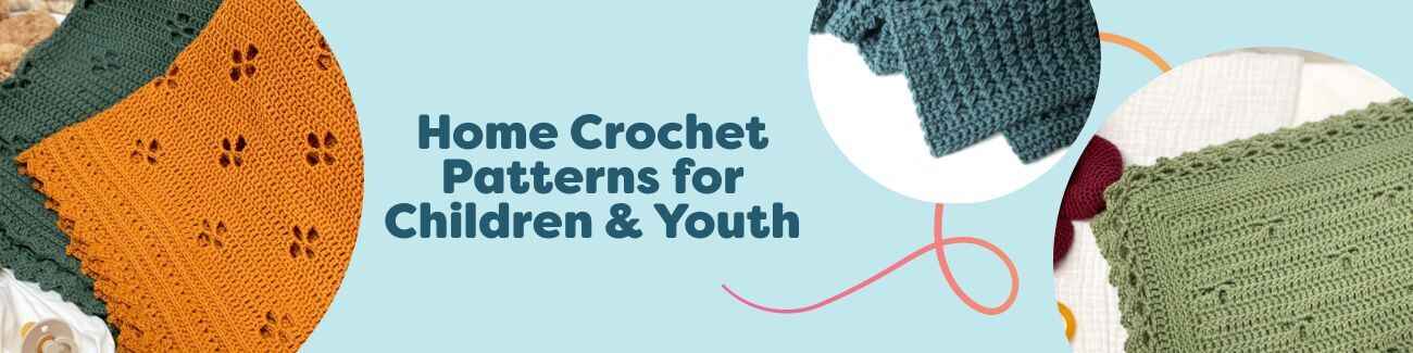 Home crochet patterns for children and youth: cozy baby blankets, playful pillows and plushies made with soft Hobbii yarns in cheerful colors.