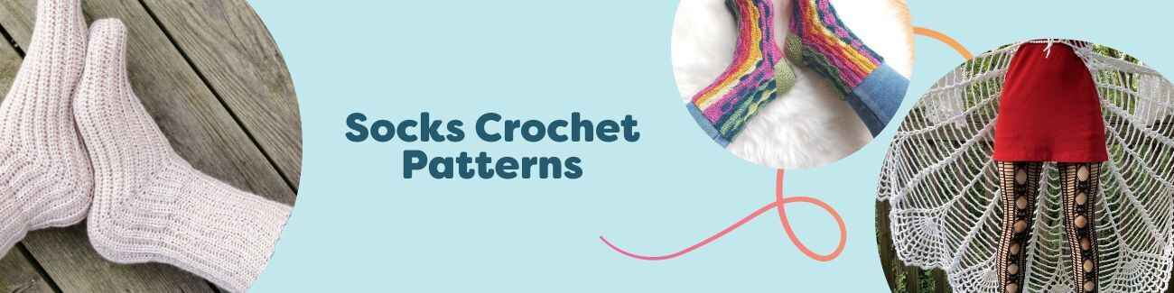 Assortment of crochet sock patterns—ribbed, lace, and herringbone—displayed with hooks and Hobbii yarn skeins on a neutral backdrop.