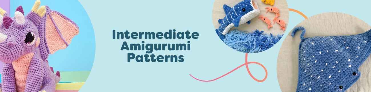 Intermediate amigurumi crochet patterns: dragon, whale shark, ray, spider, and armadillo plush toys with Hobbii yarn and hooks.