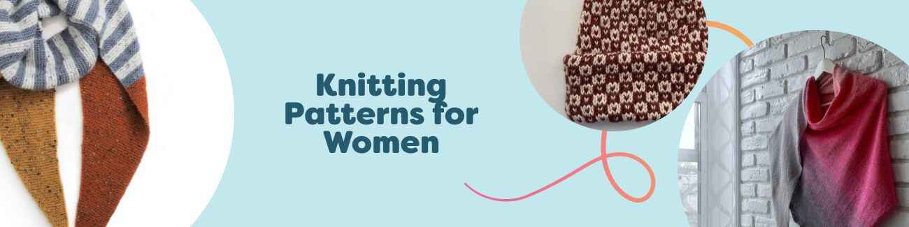 Assortment of women's PDF knitting patterns from Hobbii—cozy scarves, shawls, beanies, and bags in soft yarns, styled in modern, feminine colors.
