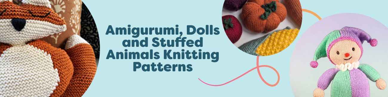 Group image of handmade amigurumi dolls and stuffed animals made with Hobbii yarns: ragdoll fox, clown, snowman, winter goose, and vegetable play food; represents the toy pattern collection.