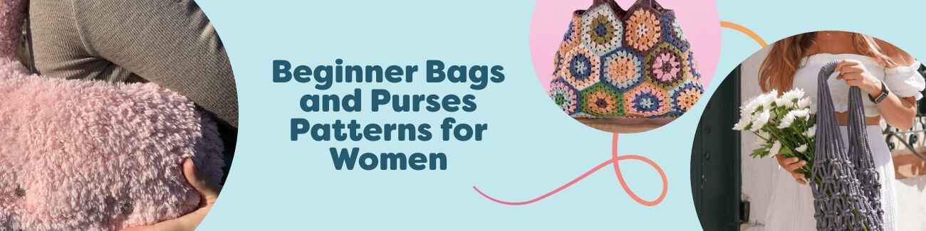 Assorted beginner-friendly crochet and knit bags and purses—market totes, clutches, and granny bags—styled for women on a clean, neutral backdrop.