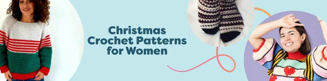 Womens Christmas crochet patterns: festive sweaters and cozy holiday socks in red, green, and white yarns from Hobbii.