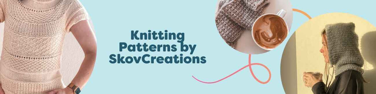 Collage of SkovCreations knitting patterns at Hobbii—cardigan, t-shirt, scarf and balaclava—styled with yarn skeins and needles on a neutral backdrop.