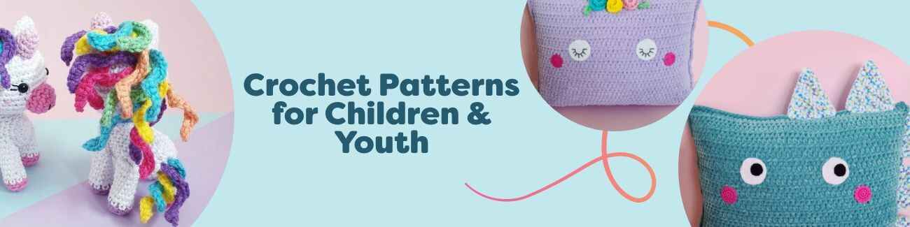 Colorful kid-friendly crochet makes—baby unicorn, strawberry amigurumi, and dino and sloth character pillows—crafted with soft yarns from Hobbii.