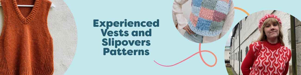 Experienced vests and slipovers collection by Hobbii: knit and intermediate crochet patterns shown on models, featuring cables, colorwork, and patchwork.