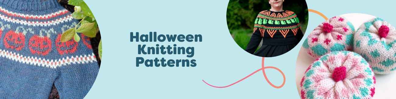 Hobbii Halloween knitting patterns: pumpkin-themed children’s sweater, monster hat, spooky cat sweater, and cardigans in warm autumn colors with matching yarns.