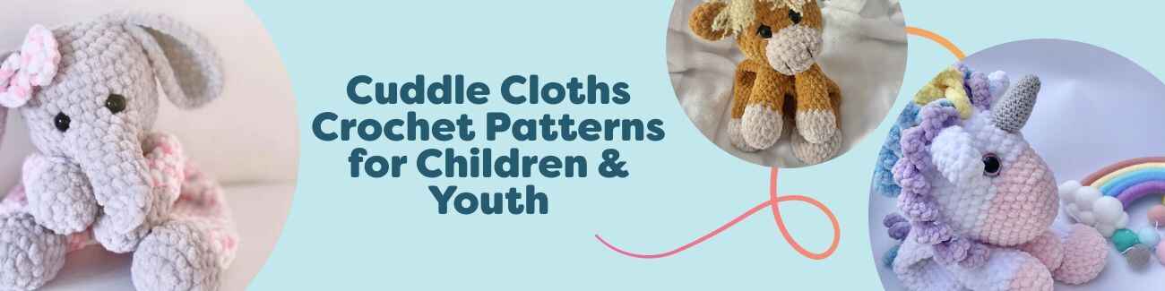Grid of Hobbii cuddle cloth crochet patterns for children and youth, featuring lovey designs like elephant, unicorn, crocodile, sloth, and highland cow.