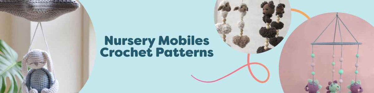 Assortment of crochet nursery mobiles with elephants, dinosaurs, hearts, stars, and a supernova motif in soft pastel yarns, styled above a crib; free patterns by Hobbii