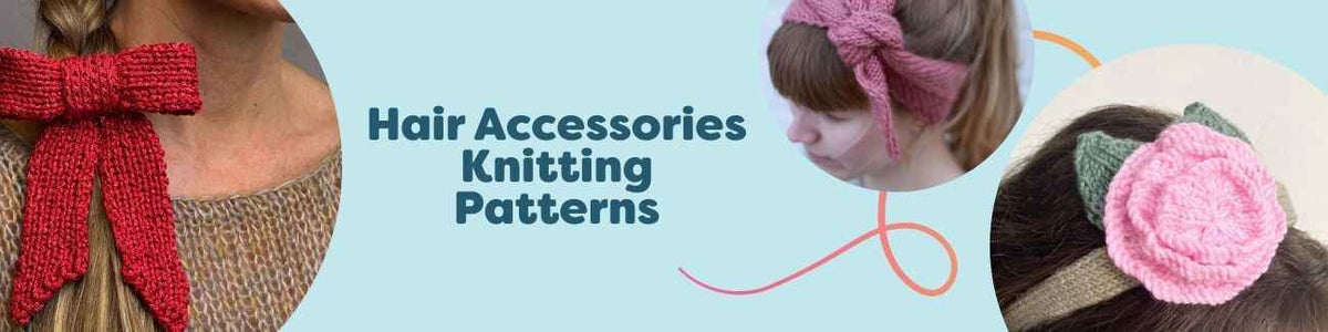 Flat lay of knitted hair accessories - headbands, bows, and scrunchies - made with soft Hobbii yarns