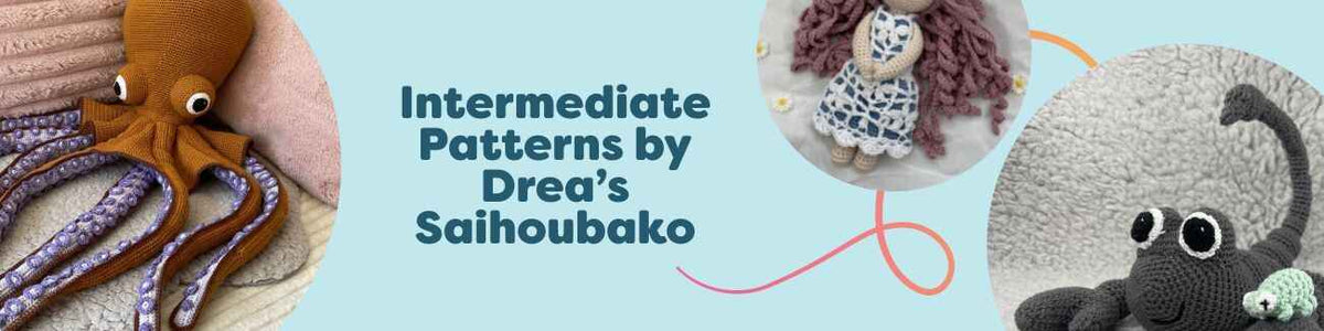 Intermediate crochet patterns by Drea’s Saihoubako on Hobbii, showing a textured shawl, graphic rug, cute octopus amigurumi, and zodiac motifs styled with coordinating yarn skeins.