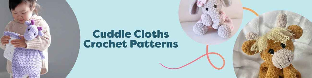 Collage of cuddle cloths crochet patterns: dragon, elephant, highland cow, unicorn, and puppy lovey security blankets from Hobbii.