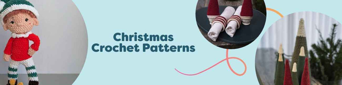 Festive crochet ornaments, stockings, and amigurumi in red, green, and white yarns from Hobbii, representing a collection of free Christmas patterns.