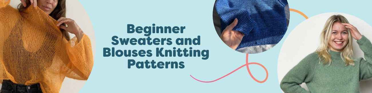 Grid of beginner sweater and blouse knitting patterns from Hobbii, shown on models in soft yarns and simple, modern silhouettes.