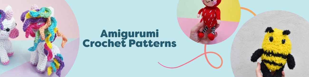 Collage of free amigurumi crochet patterns: baby unicorn, strawberry, bird nest and spring birds toys from Hobbii