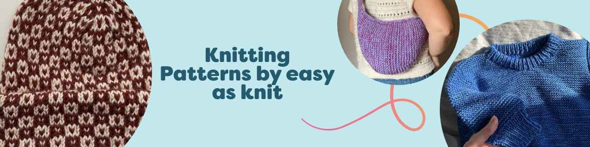 easy as knit collection at Hobbii showing a beanie, tote bag, baby sweater, spring cardigan, and ruffle socks with coordinating yarn.