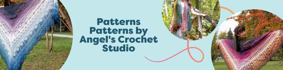 Assorted crochet shawl patterns by Angel's Crochet Studio, including Frozen Iris and Mountain Muse, shown with Hobbii yarns on mannequins.