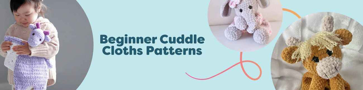 Collection image showing beginner-friendly crochet cuddle cloth lovey patterns from Hobbii with soft yarn skeins and finished dragon, bunny, elephant, puppy, and cow designs.