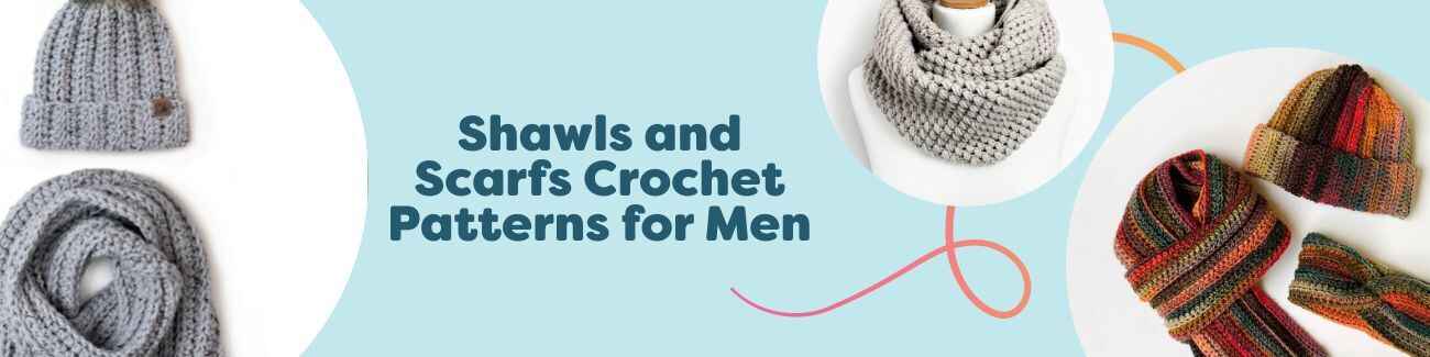 Model wearing men’s crochet scarves and a shawl in ribbed and textured stitches, shown in neutral yarns.