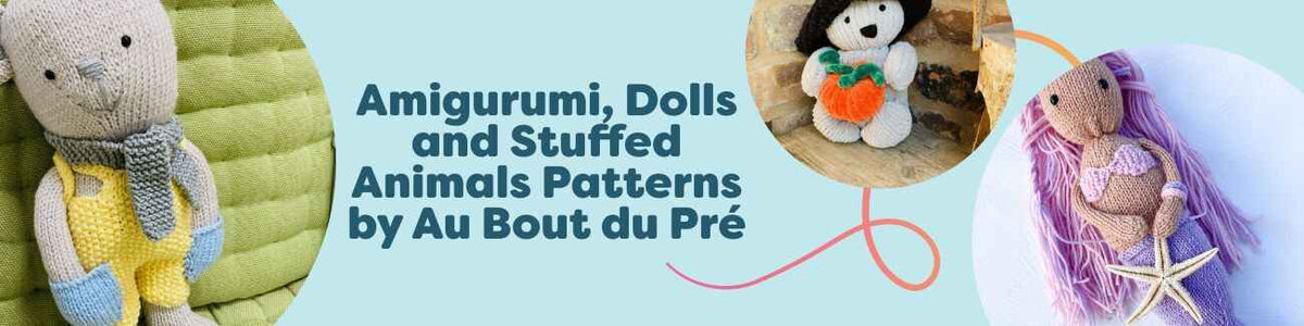 Amigurumi crochet patterns by Au Bout du Pré: teddy bear, pumpkin bear, and mermaid doll designs from Hobbii.