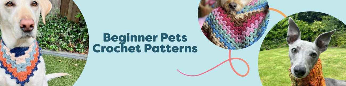 Beginner pet crochet patterns from Hobbii featuring dog bandanas, snoods, blankets, and a crochet kitty couch styled with soft yarn skeins.