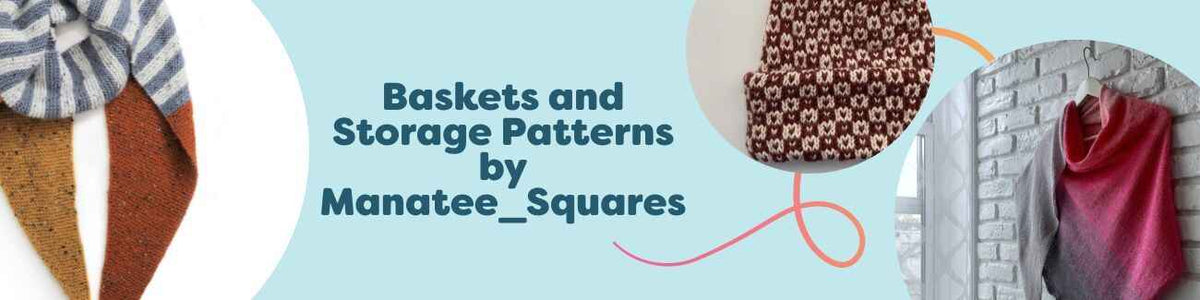 Assorted crochet baskets, bins, and hanging organizers by Manatee_Squares in neutral cotton yarns, neatly arranged on shelves with handles and lids.
