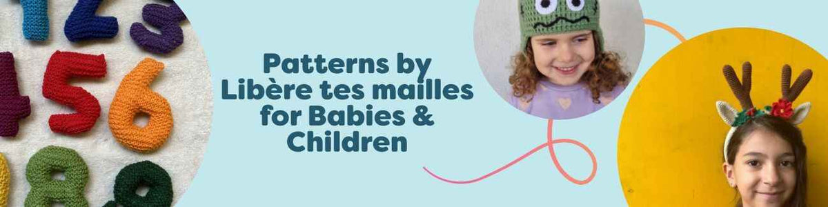 Collage of Libère tes mailles baby and kids patterns from Hobbii, featuring knit and crochet hats, a headband, and playful number-themed designs.